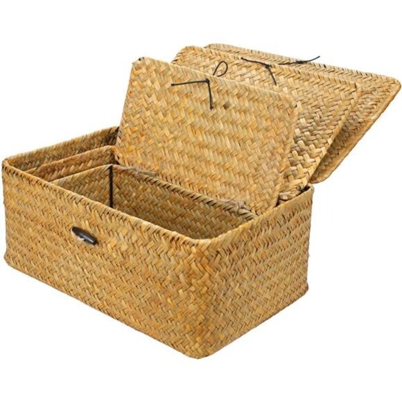 Shelf Baskets with Lid Set of 3, Handwoven Seagrass Storage Bins Box Rectangular - Picture 3 of 7